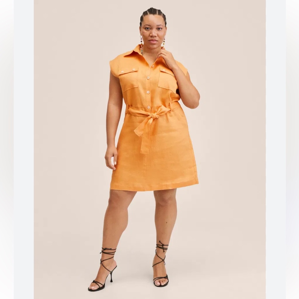 MNG Linen Dress Size 16 Orange Belted Coastal Summer